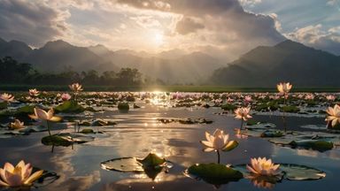 The image depicts a serene landscape with a body of water covered in lily pads and pink lotus flowers. In the background, there are mountains, and the scene is illuminated by the soft light of a setting or rising sun, with beams of sunlight breaking through the clouds. The atmosphere seems peaceful and tranquil, creating a picturesque natural setting.