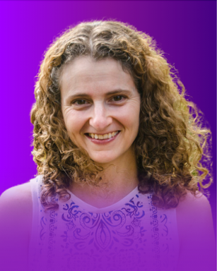 The image features a person with curly hair and a warm smile, set against a gradient purple background. The individual is wearing a light-colored top with decorative patterns. The overall appearance conveys a friendly and approachable demeanor.