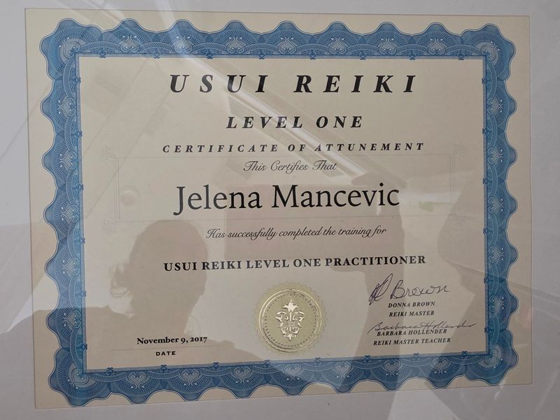 The image depicts a certificate of attunement for "Usui Reiki Level One." The certificate states that the individual has successfully completed training to become a Usui Reiki Level One Practitioner. It includes a decorative border, a seal, the date (November 9, 2017), and signatures from recognized Reiki masters.