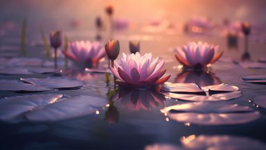 The image features a serene water scene with several blooming lotus flowers floating on the surface. The flowers are primarily in shades of pink and white, surrounded by green lily pads. The background suggests a tranquil atmosphere, with soft lighting that creates a dreamy effect, possibly during sunrise or sunset. The water appears calm, reflecting the colors of the flowers and the surroundings.