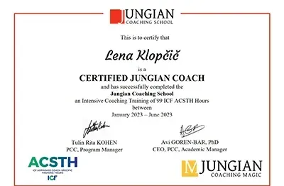 The image is a certificate from the Jungian Coaching School. It certifies an individual as a "Certified Jungian Coach" and indicates that they have successfully completed an intensive coaching training program amounting to 99 ICF ACSTH hours between January 2023 and June 2023. The certificate includes signatures of two individuals, one of whom is identified as the CEO and Academic Manager of Jungian Coaching Magic. The document features the logos of the Jungian Coaching School and the initials ACSTH.