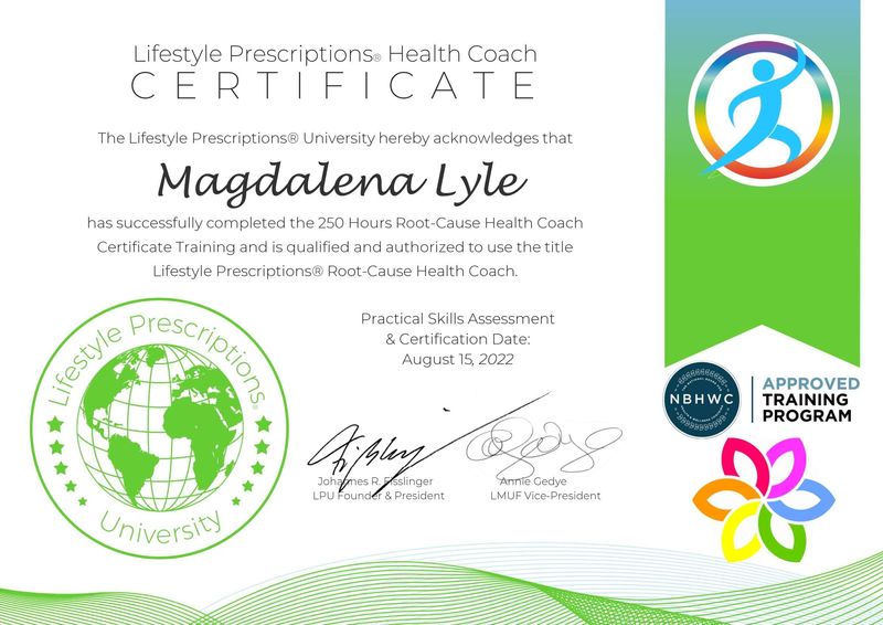 The image is a certificate from Lifestyle Prescriptions® University. It acknowledges that an individual named Magdalena Lyle has completed the 250 Hours Root-Cause Health Coach Certificate Training. The certificate includes the following details:

- The title "Lifestyle Prescriptions® Health Coach Certificate."
- A decorative globe logo representing Lifestyle Prescriptions® University.
- Signatures from the founder and president, as well as the vice president of the university.
- The practical skills assessment and certification date, which is August 15, 2022.
- Logos indicating that the program is approved by the National Board for Health & Wellness Coaching (NBHWC) and other relevant organizations. 

The design features green accents, an abstract wave pattern, and colorful icons.