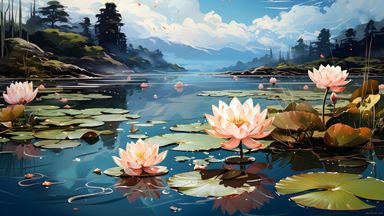 The image depicts a serene water scene featuring a tranquil lake surrounded by lush greenery and mountains in the background. The surface of the water is covered with lily pads, and several water lilies are blooming, showcasing soft pink and white petals. The sky above is bright with fluffy clouds, and the overall atmosphere conveys a sense of calm and natural beauty.