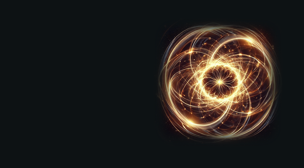 The image features an abstract representation of an atom or atomic structure. It has swirling lines and luminous orbs that suggest the motion of electrons orbiting around a central nucleus. The overall color scheme includes bright golden and white tones against a dark background, creating a visually striking and dynamic effect.