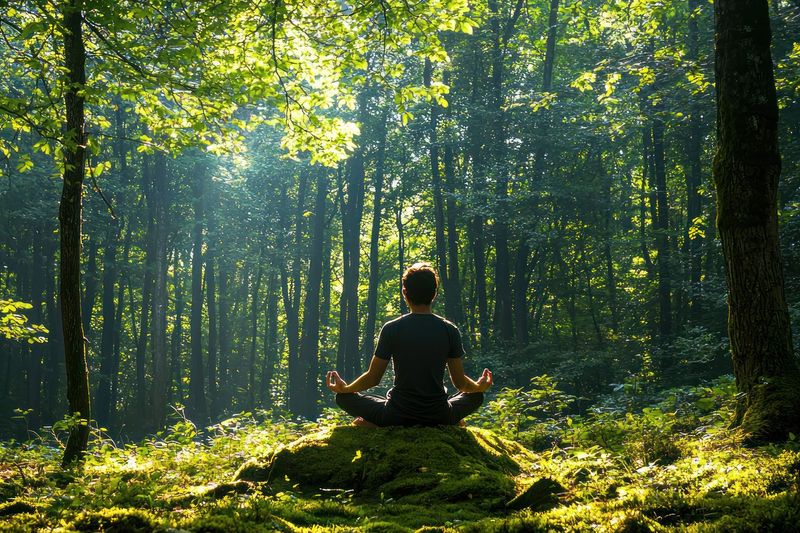 The image shows a serene forest scene with tall trees and dappled sunlight filtering through the leaves. In the foreground, there is a person sitting cross-legged on a large rock covered in moss. The person appears to be meditating, facing away from the viewer, with calm surroundings of greenery. The atmosphere is tranquil and peaceful, highlighting a connection with nature.