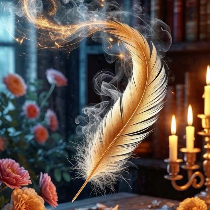 The image depicts a beautifully arranged scene featuring a golden feather suspended in the air, creating a sense of magic with wisps of smoke swirling around it. Below the feather, there is an open parchment or book with text written on it. The setting includes candles casting a warm glow and flowers, such as pink and yellow roses, nearby, all placed on a wooden table. In the background, there are shelves filled with books, contributing to the cozy and mysterious ambiance of the scene.