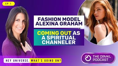 The image is a promotional graphic for a podcast episode. It features two main sections: on the left, there is a woman smiling and looking at the camera, and on the right, another woman is shown in a profile photo with long hair. Text overlays indicate that the episode is about fashion model Alexina Graham, who is discussing her journey of coming out as a spiritual channeler. The background is purple, and there are elements that suggest it is part of a series titled "Hey Universe, What's Going On?" The podcast branding is also included.