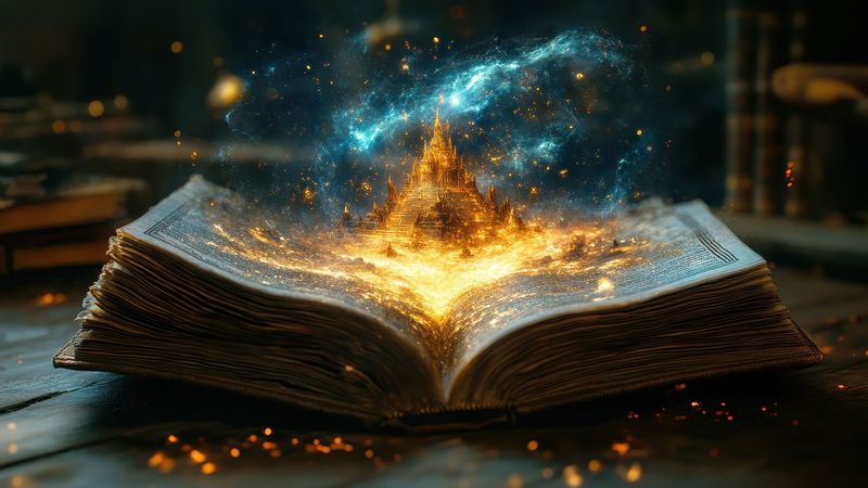 The image depicts an open book on a wooden surface, from which a vibrant, glowing scene emerges. The center of the book appears to be an enchanting landscape, featuring a majestic, fiery castle or structure that seems to rise out of the pages. Surrounding the castle are swirling cosmic elements, such as stars and wisps of nebulae, contributing to a magical and surreal atmosphere. The lighting is warm, with sparks and glowing particles enhancing the fantastical element of the scene. Background elements include blurred hints of other books and a cozy, dimly lit environment.