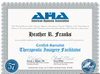 The image is a certificate from the American Hypnosis Association. It acknowledges that an individual, named Heather R. Franks, has successfully completed requirements to become a Certified Specialist in Therapeutic Imagery Facilitation. The certificate includes signatures from George J. Kappas and Cheryl O'Neil, indicating their roles within the association. There is also a date listed—Sunday, July 13, 2025—and a unique certificate number. The design features a decorative border and the logo of the American Hypnosis Association at the top.