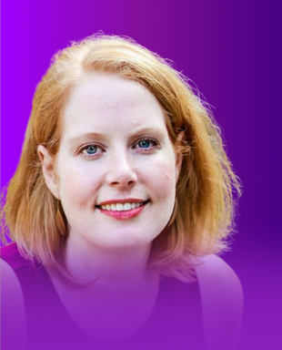 The image shows a person with shoulder-length, wavy, reddish-blonde hair and a bright smile. The background is a gradient of purple hues. The person is wearing a sleeveless top, and their facial expression appears friendly and approachable.