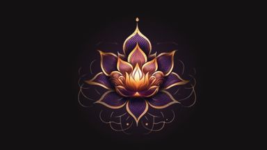 The image features a beautifully designed lotus flower. The lotus is depicted with vibrant colors, primarily in shades of purple and orange, and is layered with intricate details. It appears to be illuminated, with a subtle glow emanating from the center, set against a dark background. Surrounding the lotus are elegant swirls and patterns that enhance its overall aesthetic.