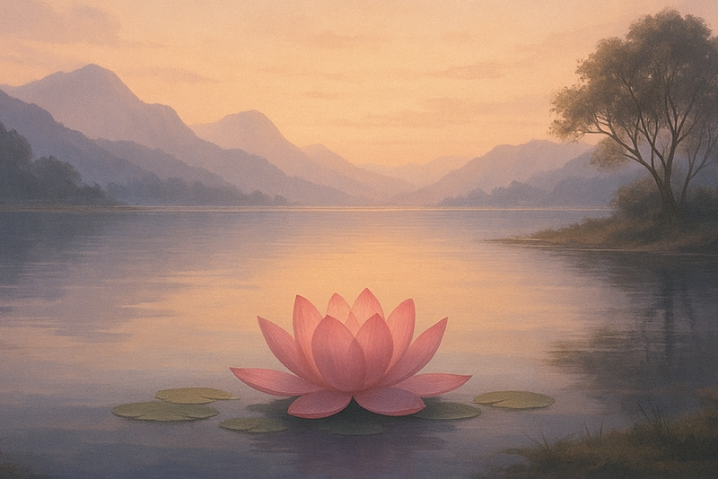 The image features a serene landscape with a calm body of water reflecting the soft hues of a sunset or dawn. In the foreground, there is a pink lotus flower surrounded by lily pads. The background includes mountains and a single tree, enhancing the tranquil atmosphere of the scene. The phrase "Spiritual Session" is prominently displayed in white text at the center of the image.
