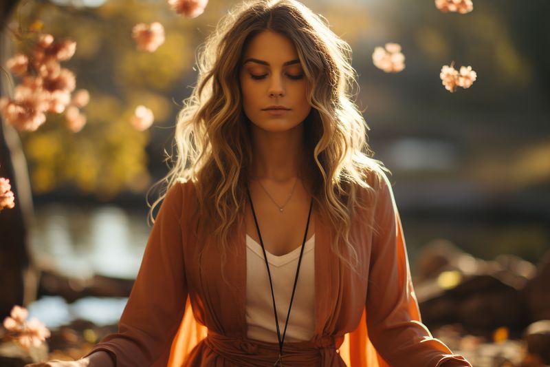 The image depicts a woman with long, wavy hair, sitting in a meditative pose. She is dressed in a flowing, rust-colored robe over a white top. The scene is set outdoors, with a tranquil body of water in the background and soft, pink flowers gently falling around her. The lighting appears warm and soft, likely indicating a late afternoon or sunset, which adds to the serene mood of the image.