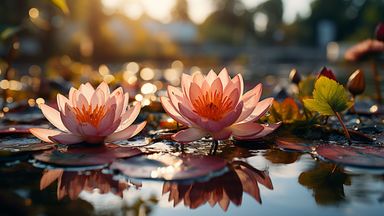 The image features two beautiful pink water lilies floating on a calm pond. The flowers have multiple layers of petals, revealing bright orange centers. The water reflects the lilies and has green lily pads scattered around. The background is softly blurred with warm sunlight glinting off the water, creating a serene and tranquil atmosphere.