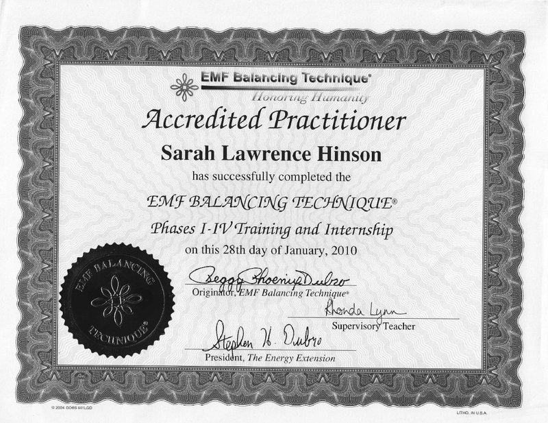 The image is a certificate that indicates the completion of training in the "EMF Balancing Technique." It has a decorative border and includes the following elements:
- The title "EMF Balancing Technique" at the top.
- The phrase "Honoring Humanity."
- The designation "Accredited Practitioner."
- A name, followed by a statement confirming successful completion of training phases and an internship on January 28, 2010.
- Signatures from individuals involved in the program, along with titles such as "Originator" and "Supervisor."
- A seal that reads "EMF BALANCING TECHNIQUE."
The overall layout is formal and resembles a professional certificate.