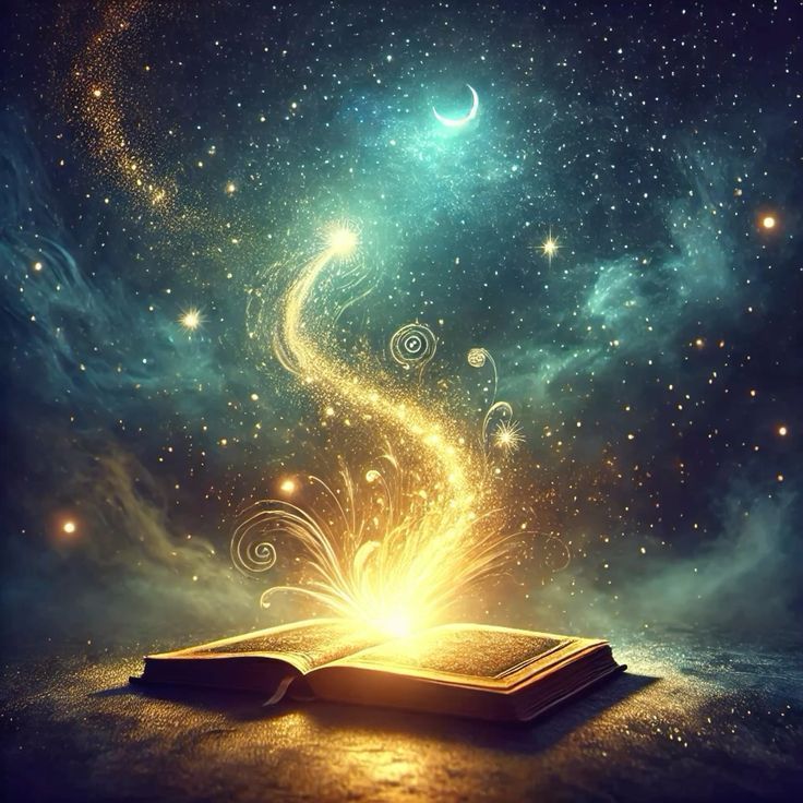 The image depicts an open book that appears to be emanating magical, glowing light and sparkles. The light swirls upward, creating a whimsical, ethereal effect against a backdrop of stars and cosmic elements, including a moon and colorful wisps of clouds. The overall atmosphere conveys a sense of wonder and fantasy.