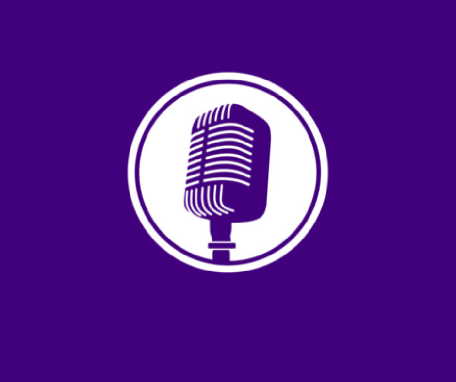The image features a graphical representation of a microphone within a circular border. The background is a solid purple color, and the microphone is stylized in white. The design emphasizes the microphone's shape and details, making it a clean and simple illustration.