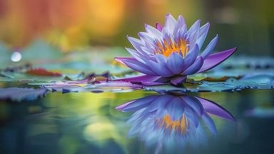 The image features a beautiful water lily in full bloom, with soft purple and pink petals. The flower is surrounded by green leaves and reflected in the calm surface of the water, creating a serene and tranquil scene. The background is softly blurred with warm, colorful hues, adding to the peaceful ambiance of the setting.