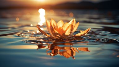 The image depicts a beautiful water lily floating on the surface of a tranquil body of water. The setting appears to be during sunset, with warm golden light reflecting off the water. The flower's petals are open, displaying shades of yellow and white, and there are gentle ripples in the water surrounding it. The background suggests soft hills or mountains, slightly blurred, enhancing the serene atmosphere of the scene.