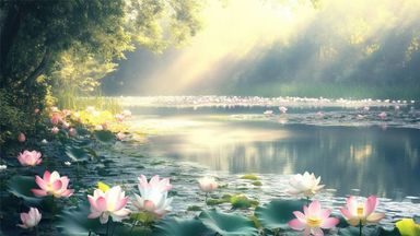 The image depicts a serene water scene, featuring a calm pond filled with pink and white lotus flowers. The scene is surrounded by lush greenery and illuminated by soft, diffused sunlight filtering through trees. The water reflects the colors and the light, enhancing the tranquil atmosphere of the setting.