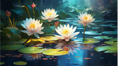 The image depicts several white water lilies with vibrant yellow centers floating on a serene body of water. The surroundings are lush, with green lily pads and leafy plants emerging from the water. Soft lighting creates a tranquil atmosphere, with hints of blue and green hues. The scene suggests a peaceful, natural setting, likely in a pond or a similar aquatic environment.