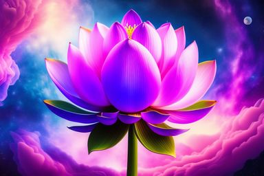 The image features a large, vibrant pink lotus flower depicted against a cosmic background filled with nebulous clouds and starry elements. The flower has numerous petals that showcase various shades of pink and purple, standing tall on a green stem. The surroundings include colorful celestial elements, enhancing the ethereal and tranquil atmosphere of the scene.