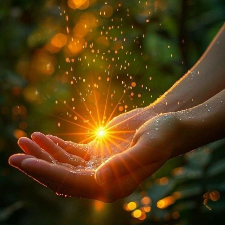 The image features a pair of hands cupping a glowing orb of light, surrounded by sparkling droplets. The background consists of a lush, green environment with soft bokeh effects created by sunlight filtering through foliage, enhancing the magical feel of the scene. The light emanating from the hands creates a warm and inviting aura.