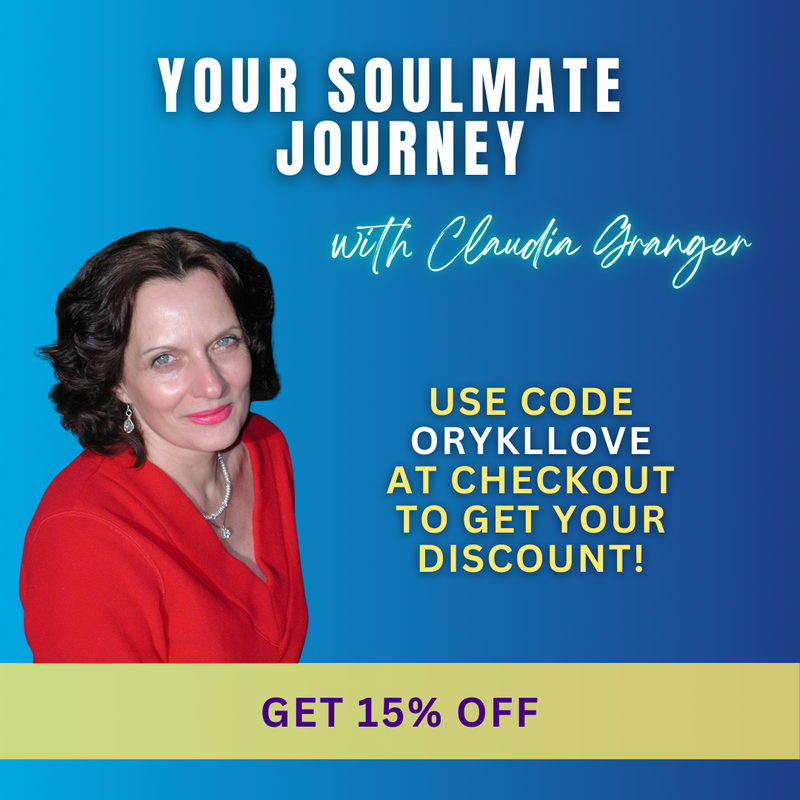 The image features a promotional graphic for a program titled "Your Soulmate Journey." It includes the name "Claudia Granger" and offers a discount code, "ORYKLOVE," for obtaining a discount. The background of the image transitions from blue to purple, and there is a prominent section at the bottom indicating "GET 15% OFF." The central figure appears to be a woman with dark hair wearing a red outfit and striking a confident pose.