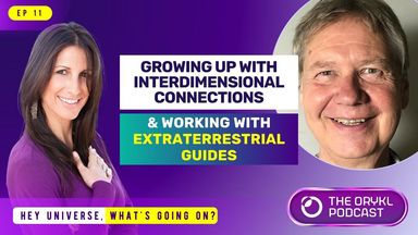 The image features two individuals, one on the left with long dark hair and wearing a purple top, and the other on the right with short hair and wearing a casual shirt. They appear to be part of a podcast episode. The background is designed with purple and yellow elements, and there are text overlays indicating the episode title, "Growing Up with Interdimensional Connections & Working with Extraterrestrial Guides," along with the podcast name, "The Orykl Podcast," and the phrase "Hey Universe, What's Going On?" The overall theme seems to focus on topics related to spirituality and extraterrestrial experiences.