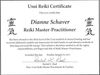 The image displays a certificate titled "Usui Reiki Certificate." It certifies that an individual named Dianne Schaver has achieved the title of "Reiki Master-Practitioner." The certificate states that the individual has been attuned to the third level of the Usui method of natural healing and has received further training in both hands-on and distant healing techniques. It includes details about the awarding date, which is Sunday, January 8, 2017, and is signed by Rachel L. Roel, who holds the title of Hon. Usui Reiki Master Practitioner & Teacher. The certificate features various symbols related to Reiki.