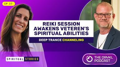 The image appears to promote a podcast episode. It features two individuals, one with a smiling expression and the other looking serious. The background is purple, and there are text elements that highlight the episode's theme, such as "Reiki Session Awakens Veteran's Spiritual Abilities" and "Deep Trance Channeling." The podcast is titled "The Orykl Podcast," and there's a label indicating it as "Spiritual Stories."