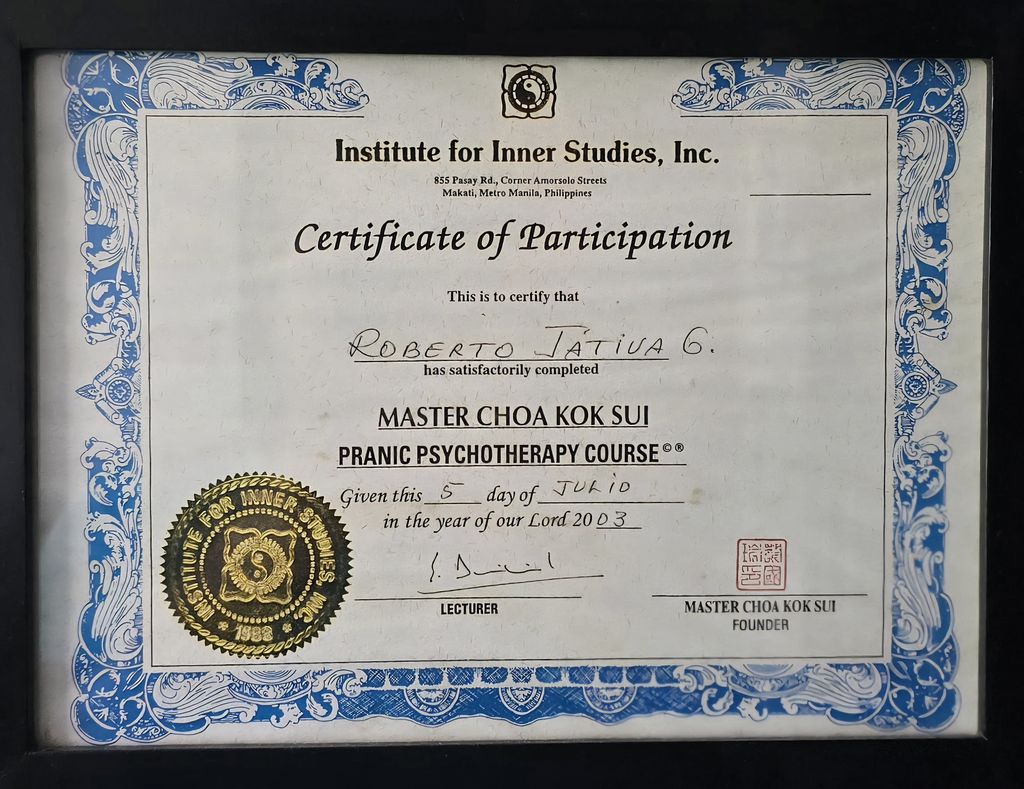 The image displays a certificate of participation issued by the Institute for Inner Studies, Inc. The certificate certifies that an individual has satisfactorily completed the "Master Choa Kok Sui Pranic Psychotherapy Course." It is dated July 5, 2003, and includes a decorative border, an official seal, and signatures from both the lecturer and the founder, Master Choa Kok Sui.