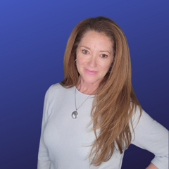 The image features a woman with long, straight hair and a slight smile. She is wearing a light-colored long-sleeve shirt and has a necklace. The background is a gradient of blue, creating a smooth and simple backdrop.