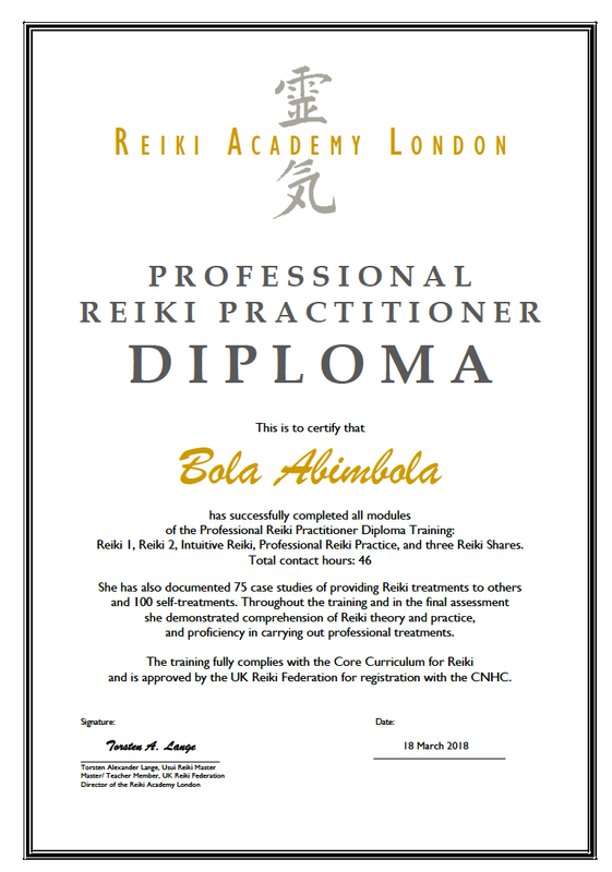 The image is of a diploma from the Reiki Academy London, certifying that the individual named has completed the Professional Reiki Practitioner Diploma Training. The diploma outlines the modules covered, which include Reiki 1, Reiki 2, Intuitive Reiki, Professional Reiki Practice, and Three Reiki Shares, totaling 46 contact hours. It notes that the individual has also completed case studies and self-treatments, demonstrating proficiency in Reiki theory and practice. The document is dated March 18, 2018, and includes a signature line for the trainer. The design features a decorative border and includes the title "PROFESSIONAL REIKI PRACTITIONER" prominently.