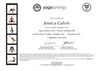 The image is a certificate from Yoga Synergy, indicating that an individual named Jessica Galvin has successfully completed the Yoga Synergy Level 2 Teacher Training, totaling 200 hours. The training took place in Byron Bay and Sydney, Australia, between May and November 2017, and was completed on June 21, 2020. The certificate includes the signatures of two individuals, Simon Borg-Olivier and Bianca Machlis, who are identified by their academic credentials. The certificate features yoga-related imagery, a logo, and contact information for the institution.