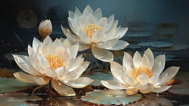 The image features three beautiful white lotus flowers, each with intricate petals and vibrant yellow centers. They are surrounded by large green leaves that float on a serene body of water, which reflects the flowers and the surrounding tranquility. The background has a gentle gradient, contributing to a calm and peaceful atmosphere.