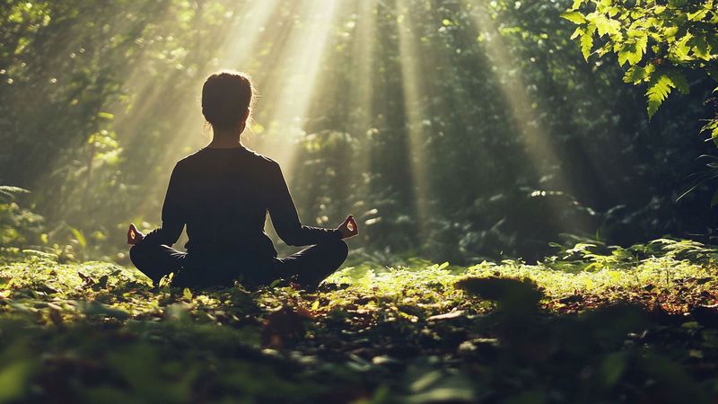 The image shows a person sitting cross-legged in a serene forest setting. The individual is facing away from the viewer, appearing to mediate or practice mindfulness. Sunlight streams through the trees, creating a tranquil atmosphere with rays of light illuminating the surrounding foliage and ground. The scene is lush with greenery and gives a sense of peace and solitude.