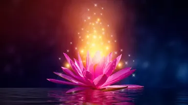 The image features a vibrant pink lotus flower floating on water. Above the flower, there are glowing lights or sparkles radiating outward, creating a magical and ethereal effect. The background has a gradient transitioning from dark to light colors, enhancing the overall ambiance of the scene. The reflection of the lotus on the water adds to the visual appeal.