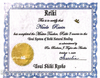 The image is a certificate of completion for a Reiki course. It features a decorative border and includes the title "Reiki" at the top. The certificate states that the individual has completed the Master Teacher, Reiki 3 course in the Usui System of Reiki Natural Healing. It lists the administrator's name and the date of completion, along with a signature at the bottom. There is a gold circular seal on the certificate as well. The document is decorated with various colors and designs.