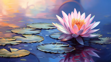 The image depicts a serene water scene featuring a blooming pink lotus flower surrounded by lily pads. The pond's water reflects the colors of the surroundings, creating a tranquil atmosphere enhanced by soft lighting. The overall composition conveys a sense of calm and beauty in nature.