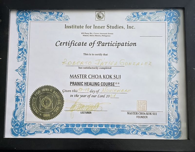 The image depicts a certificate of participation issued by the Institute for Inner Studies, Inc. The certificate states that the individual has satisfactorily completed the Master Choa Kok Sui Pranic Healing Course. It includes decorative elements, a seal or emblem in the center, and is dated the 31st day of November in the year 2001. The certificate is framed and features artistic blue borders.