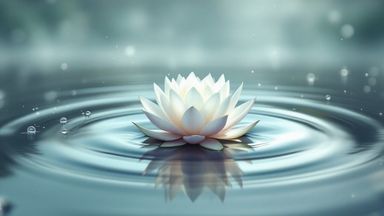 The image depicts a serene water scene featuring a white lotus flower floating on the surface of calm water. The water has gentle ripples emanating from the lotus, and there are small droplets visible on the surface, suggesting a tranquil atmosphere. The background is softly blurred, creating a peaceful, dreamy ambiance.