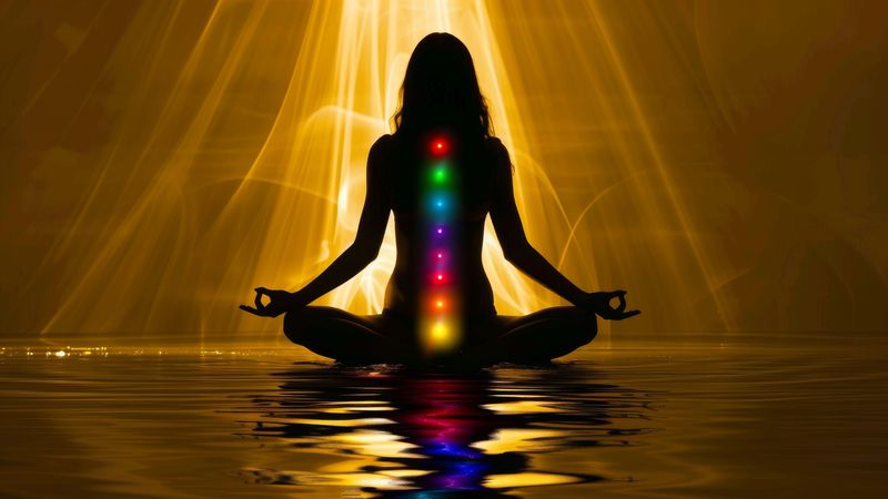 The image shows a silhouette of a person sitting in a meditative pose, with their legs crossed and hands resting on their knees. Behind them, there is a bright, glowing background with rays of light. Along the spine of the figure, there are colorful lights representing the chakras, which are often associated with energy centers in the body. The reflection of the figure can be seen in water, adding to the serene ambiance of the scene. The overall tone is calming and spiritual.