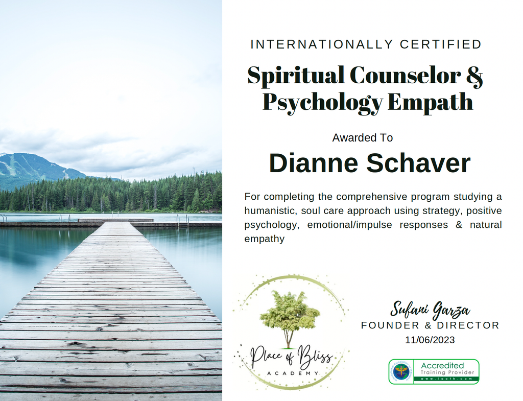 The image features a certificate that acknowledges an individual as an "Internationally Certified Spiritual Counselor & Psychology Empath." The certificate is awarded for completing a program focused on various psychological strategies and emotional responses. The design includes a wooden boardwalk extending over water, surrounded by green trees and mountains under a cloudy sky. It also includes the name of the awarding organization, "Place & Bliss Academy," along with the name of the founder and director, and the date of issue.