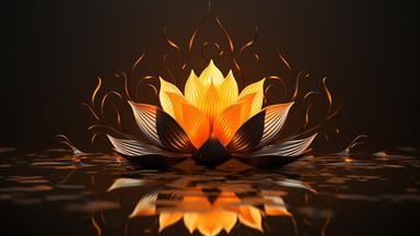 The image features a stylized lotus flower in the center, with petals that display a blend of colors, particularly shades of orange, yellow, and black. The background is dark, emphasizing the luminous quality of the flower. Surrounding the lotus are delicate, wavy lines and shapes that suggest movement or tendrils, creating a dynamic and artistic effect. The reflection of the lotus is visible on a water surface, adding to the serene and tranquil ambiance of the scene.