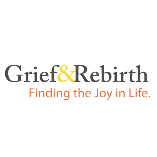 The image contains a logo or text design that features the words "Grief & Rebirth" in a stylized font. Below that, it includes the phrase "Finding the Joy in Life." The design combines various colors and styles to represent these themes.