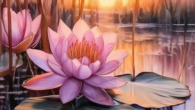 The image depicts a serene scene featuring water lilies in a tranquil pond. In the foreground, there are beautiful pink water lilies with broad green leaves. The reflection of the flowers can be seen on the water's surface. In the background, a sunset can be observed, casting soft warm tones across the sky and illuminating the surrounding landscape, which includes tall grasses or reeds, adding to the peaceful atmosphere of the scene.
