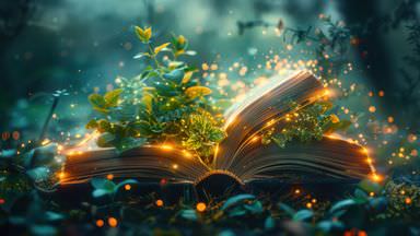 The image depicts an open book surrounded by lush green plants. The book appears to be illuminated, possibly with glowing elements emanating from it. Delicate sprigs and leaves are growing from within the pages, and there are soft, sparkling lights scattered throughout, creating a magical or enchanted atmosphere. The background suggests a natural setting, possibly a forest, with gentle lighting that enhances the mystical feel of the scene.