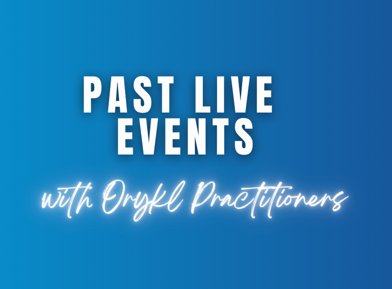 The image features a blue gradient background with text that reads "PAST LIVE EVENTS" in bold, white letters. Below that, the phrase "with Orykl Practitioners" is written in a cursive font, also in white, adding a stylistic touch. The overall design suggests a promotional or informational context related to past events.