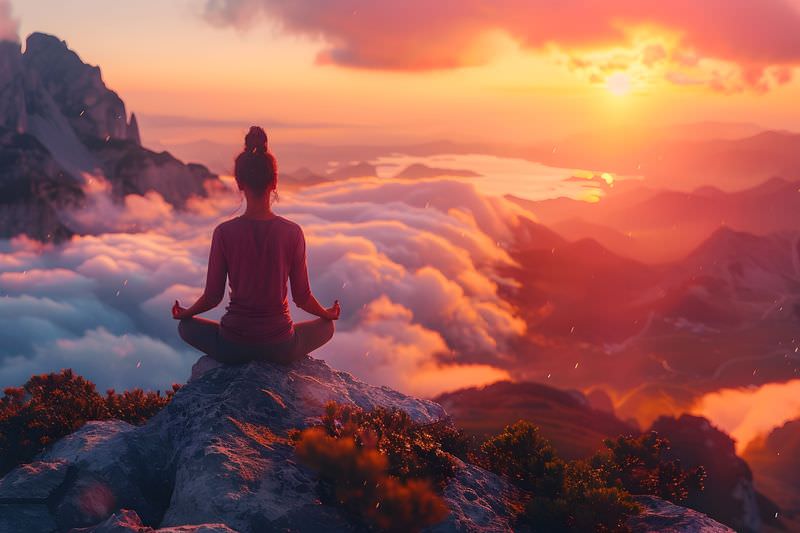 The image shows a person sitting cross-legged on a rock, meditating while overlooking a stunning landscape. The setting includes mountains and clouds, with a vibrant sunset casting orange and pink hues across the sky. The overall atmosphere conveys a sense of tranquility and connection with nature.